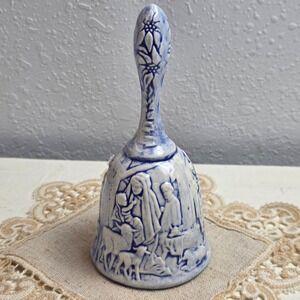 Vintage 70s Fenton Ceramic Nativity Bell Blue White Collectible Christmas Decor